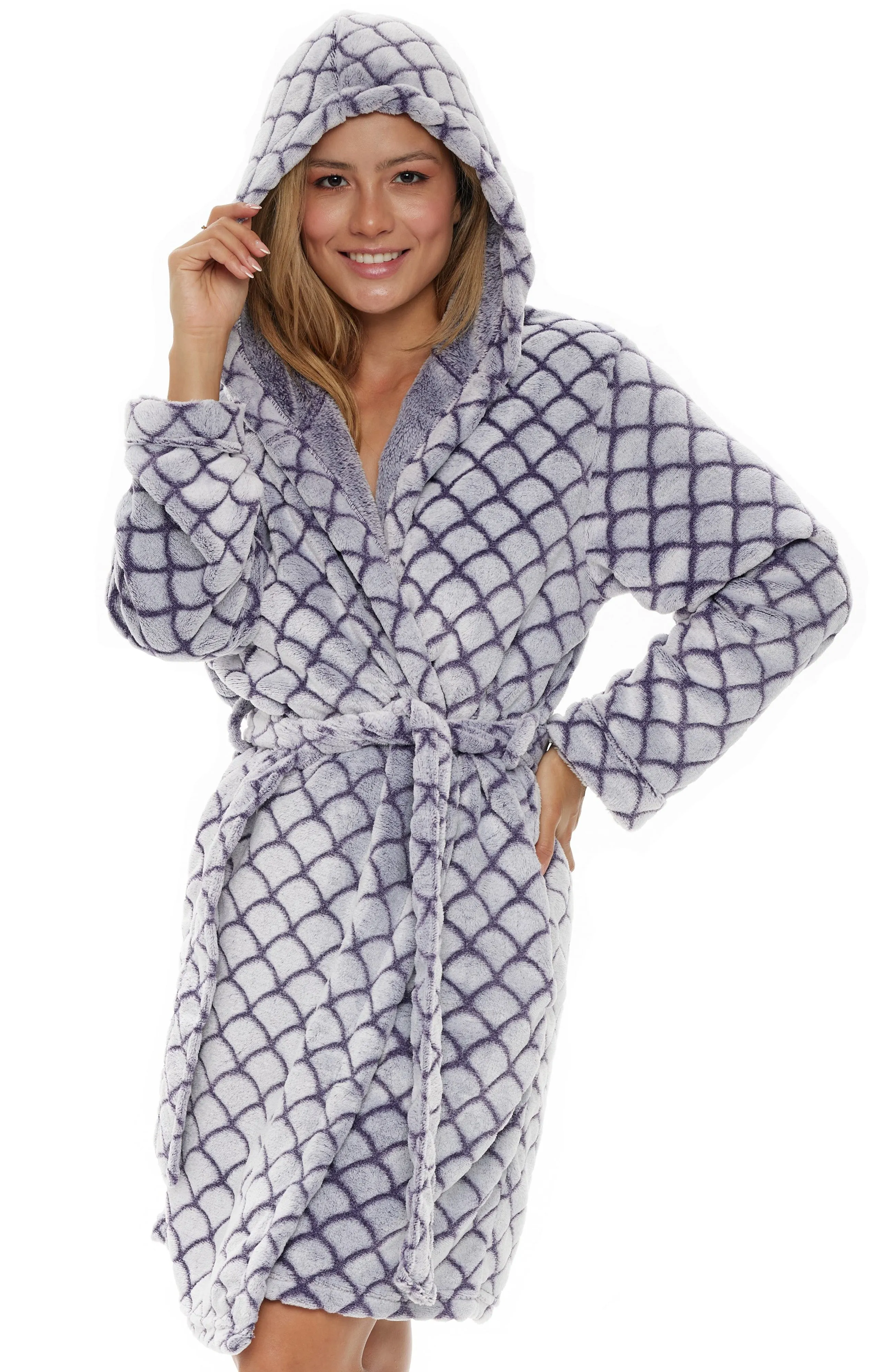 Women's Warm Soft Plush Fleece Bathrobe with Hood, Knee Length Hooded Robe