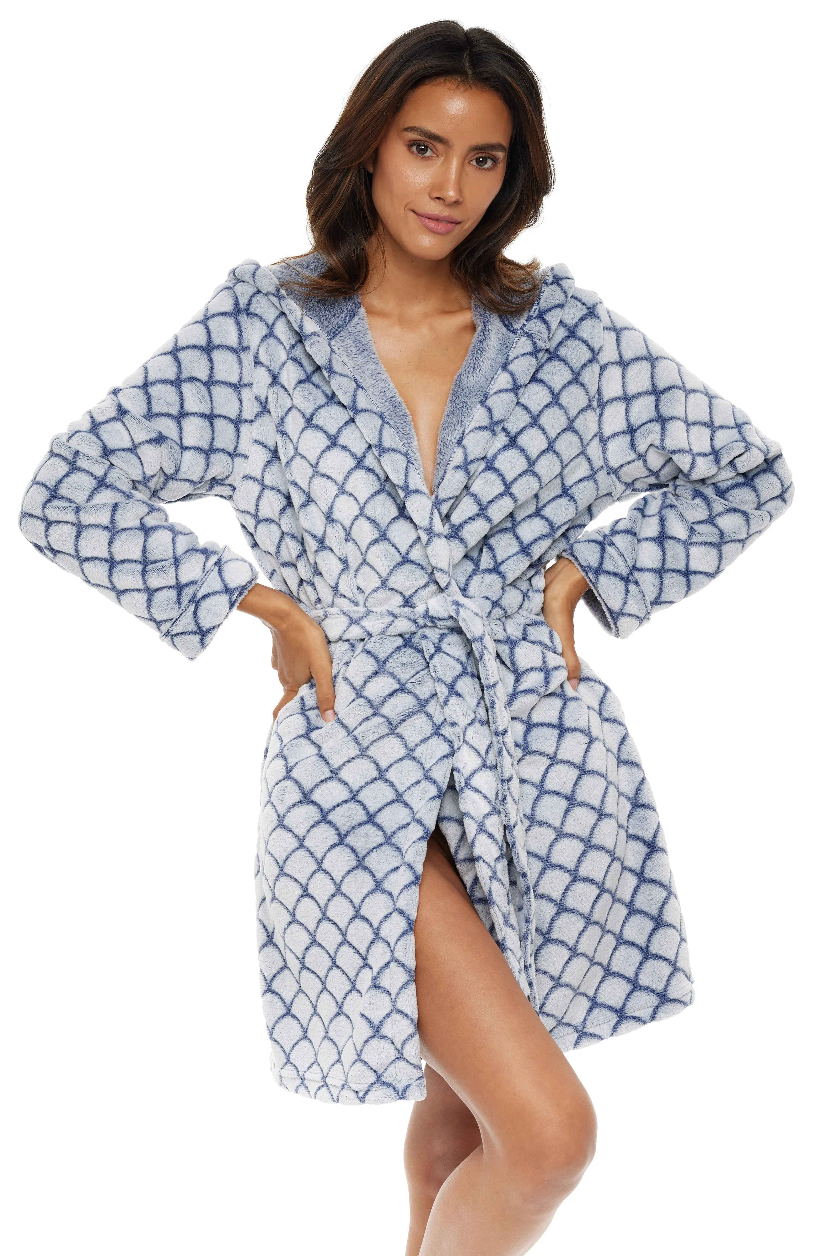 Women's Warm Soft Plush Fleece Bathrobe with Hood, Knee Length Hooded Robe